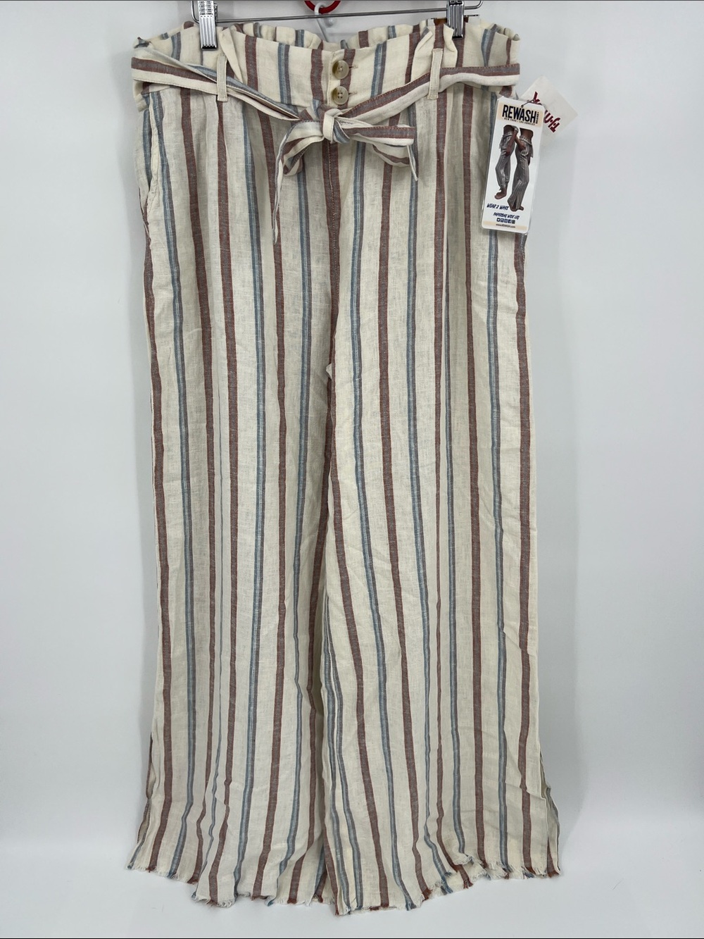 Rewash Striped Linen-Blend Pants with Waist Tie - Cream & Brown